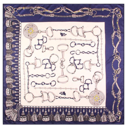 Tassel Chain Navy Silk Scarf / 90cm