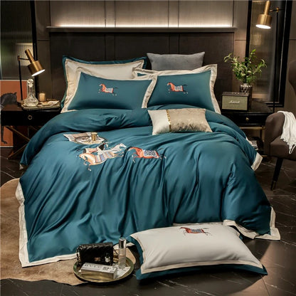 4 or 6 Piece Embroidered Egyptian Cotton Sateen Bedding Set (Bastien Blue)