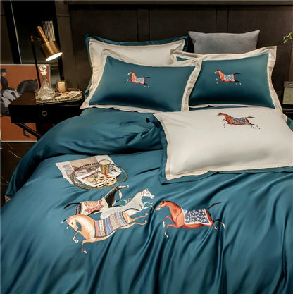 4 or 6 Piece Embroidered Egyptian Cotton Sateen Bedding Set (Bastien Blue)