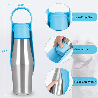 Insulated Dog Water Bottle | Stainless Steel | Portable & Foldable | Leak-Proof | 27oz/750ml