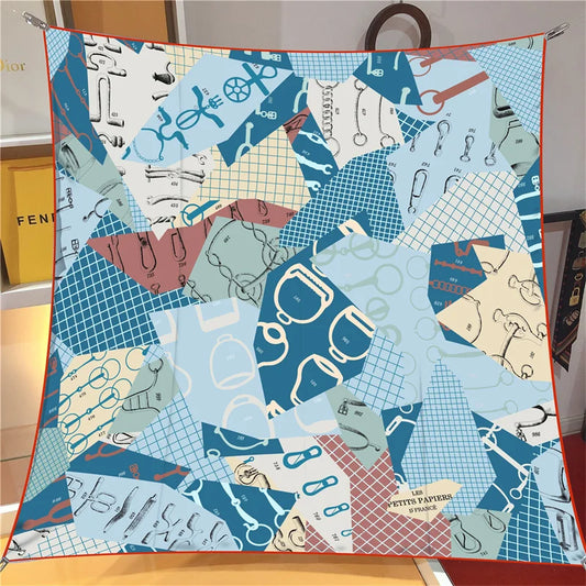Geometric Saddle Blue Silk Scarf / 90cm