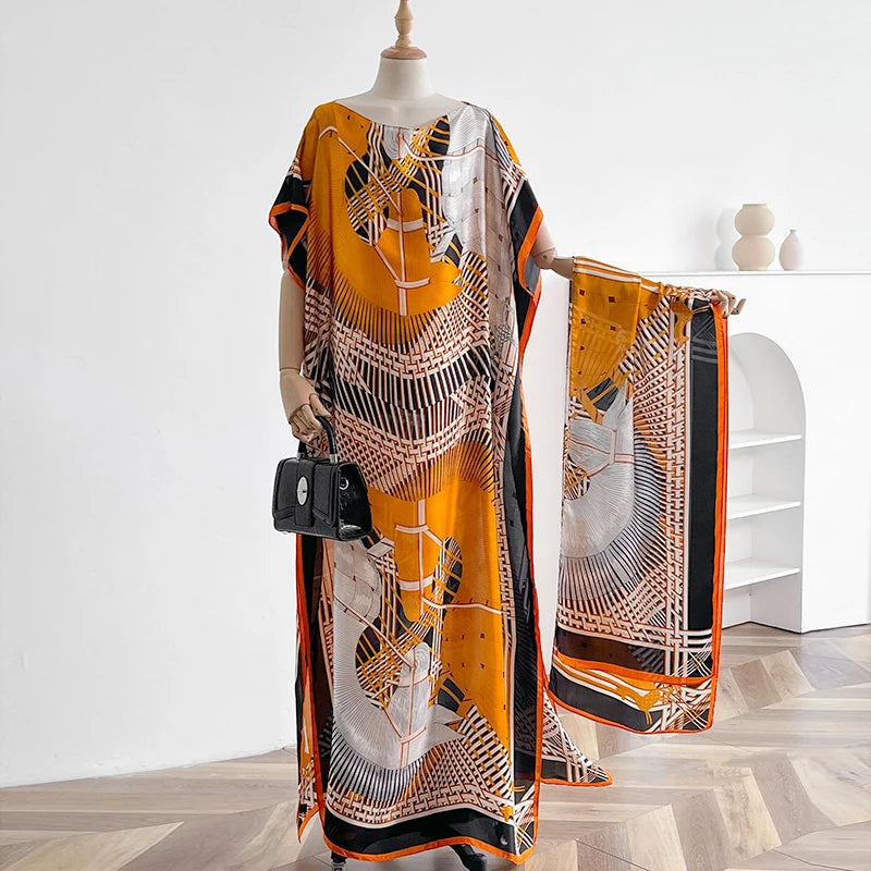 Orange Black Giada Kaftan Dress & Scarf Set