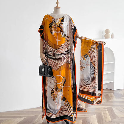 Orange Black Giada Kaftan Dress & Scarf Set