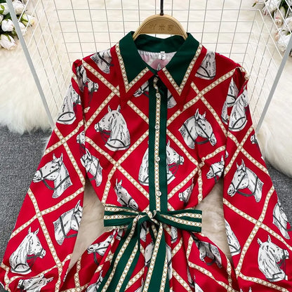 Red Equestrian Print Dress