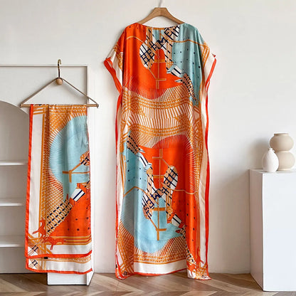 Orange Blue Giada Kaftan Dress & Scarf Set