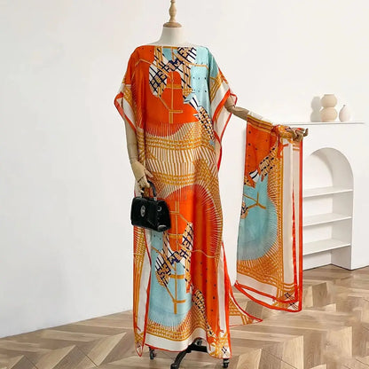 Orange Blue Giada Kaftan Dress & Scarf Set