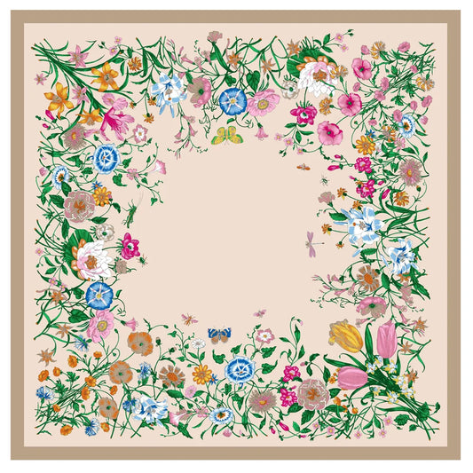 Flowers Khaki Silk Scarf / 130cm