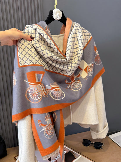 Scarf with bicycle pattern draped over a chair against a neutral background
