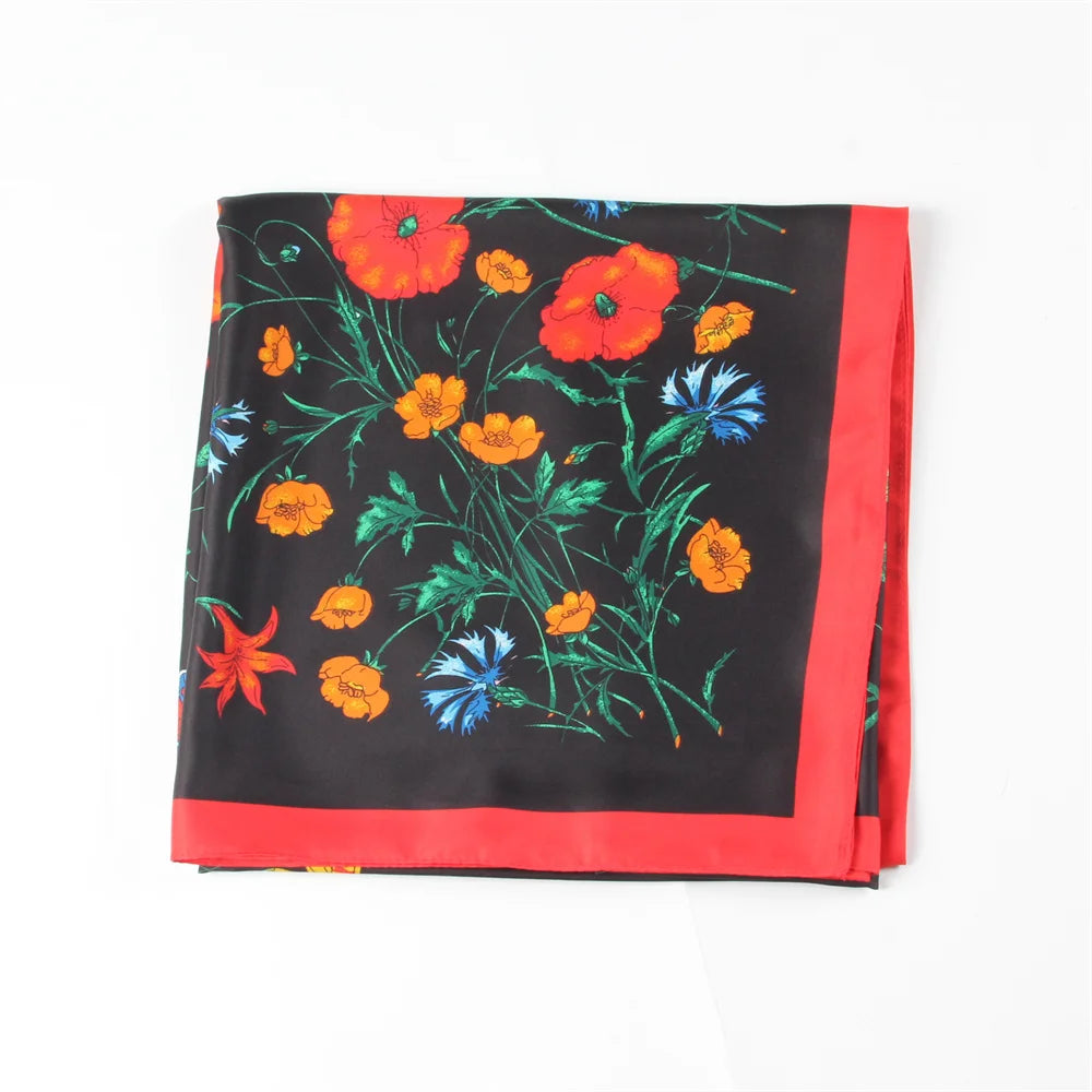 Flowers Black Silk Scarf / 130cm