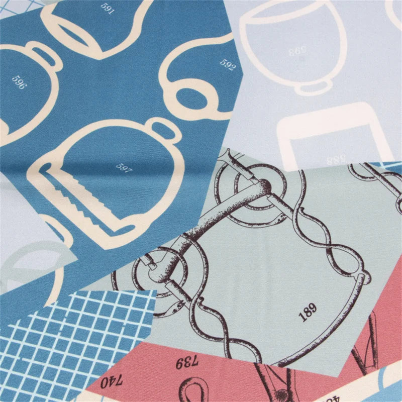 Geometric Saddle Blue Silk Scarf / 90cm