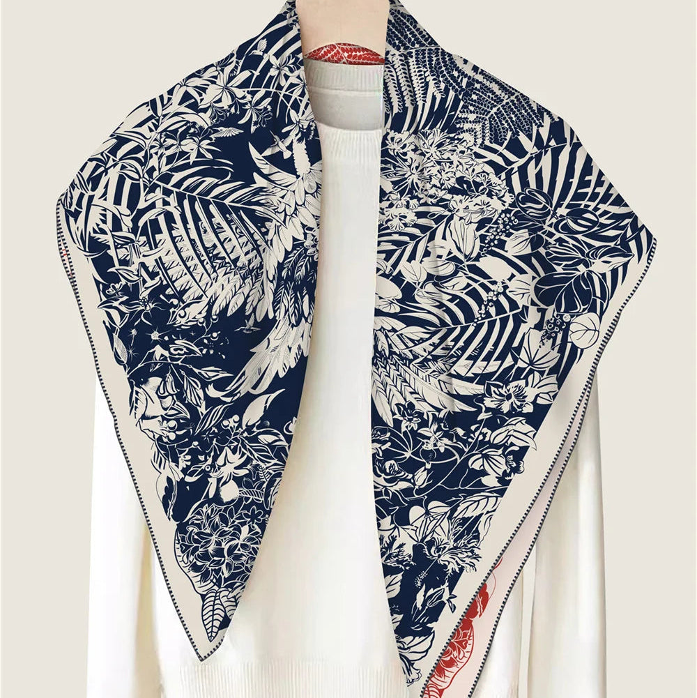 Tropical Garden Navy & Red Double Print Scarf / 90cm