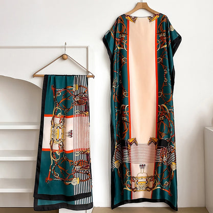 Teal Saveria Kaftan Dress & Scarf Set