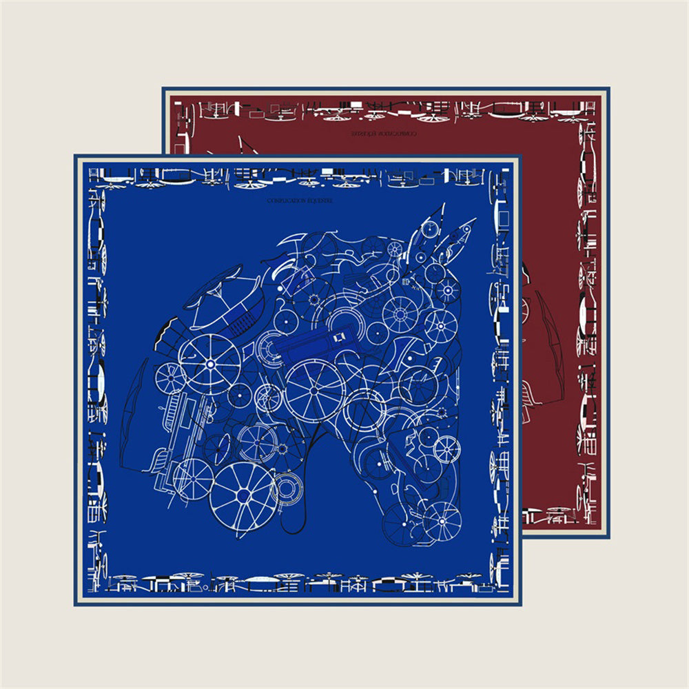 Horse Head Blue & Brown Double Print Scarf / 90cm