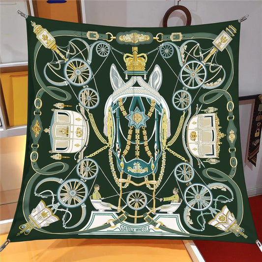 Horse Carriage Green Silk Scarf / 90cm