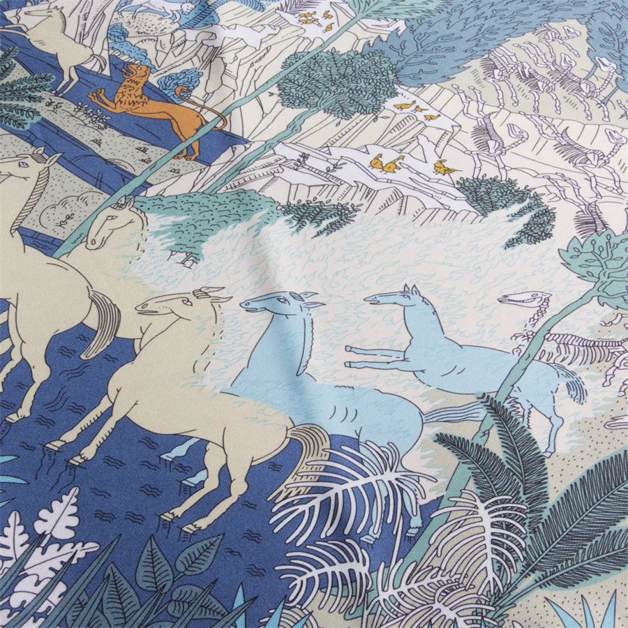 Horses Forest Blue Silk Diamond Scarf