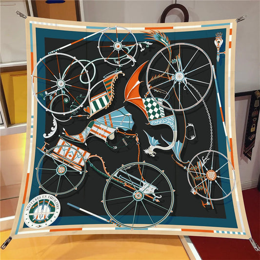 Carriage Wheel Black Silk Scarf / 90cm