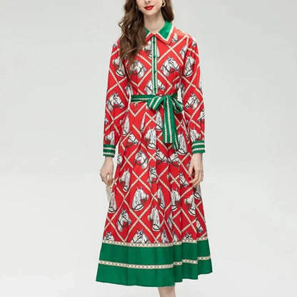Red Equestrian Print Dress