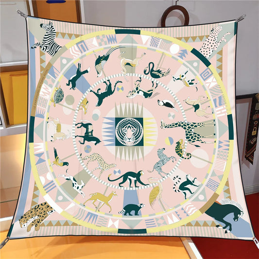 Animals Circle Pink Silk Scarf / 90cm