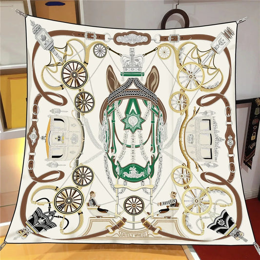 Horse Carriage Beige Silk Scarf / 90cm