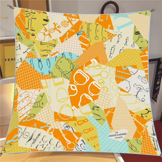 Geometric Saddle Yellow Silk Scarf / 90cm
