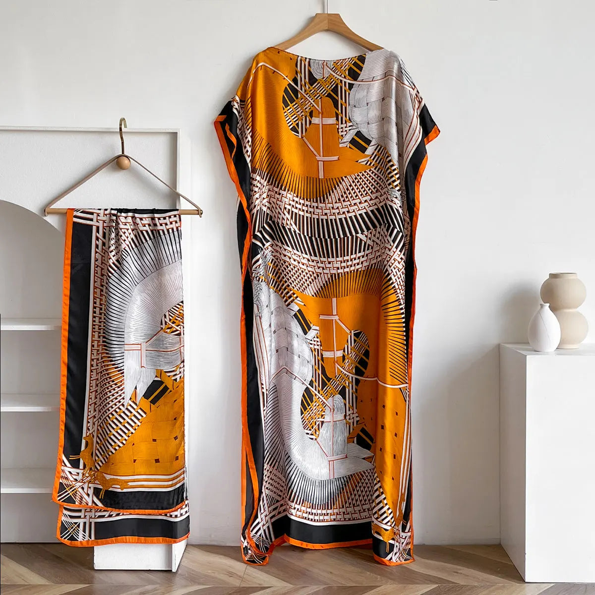 Orange Black Giada Kaftan Dress & Scarf Set