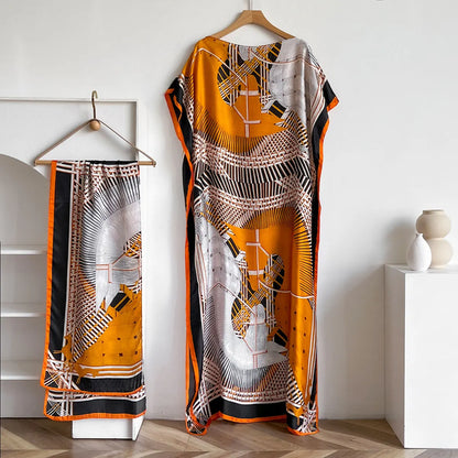 Orange Black Giada Kaftan Dress & Scarf Set
