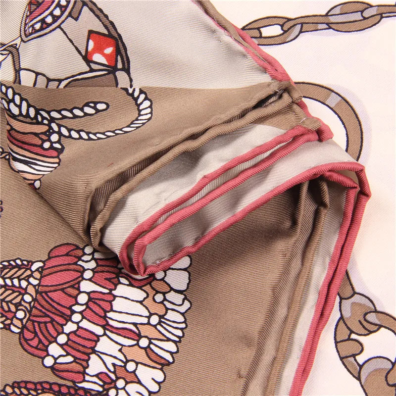 Tassel Chain Khaki Silk Scarf / 90cm