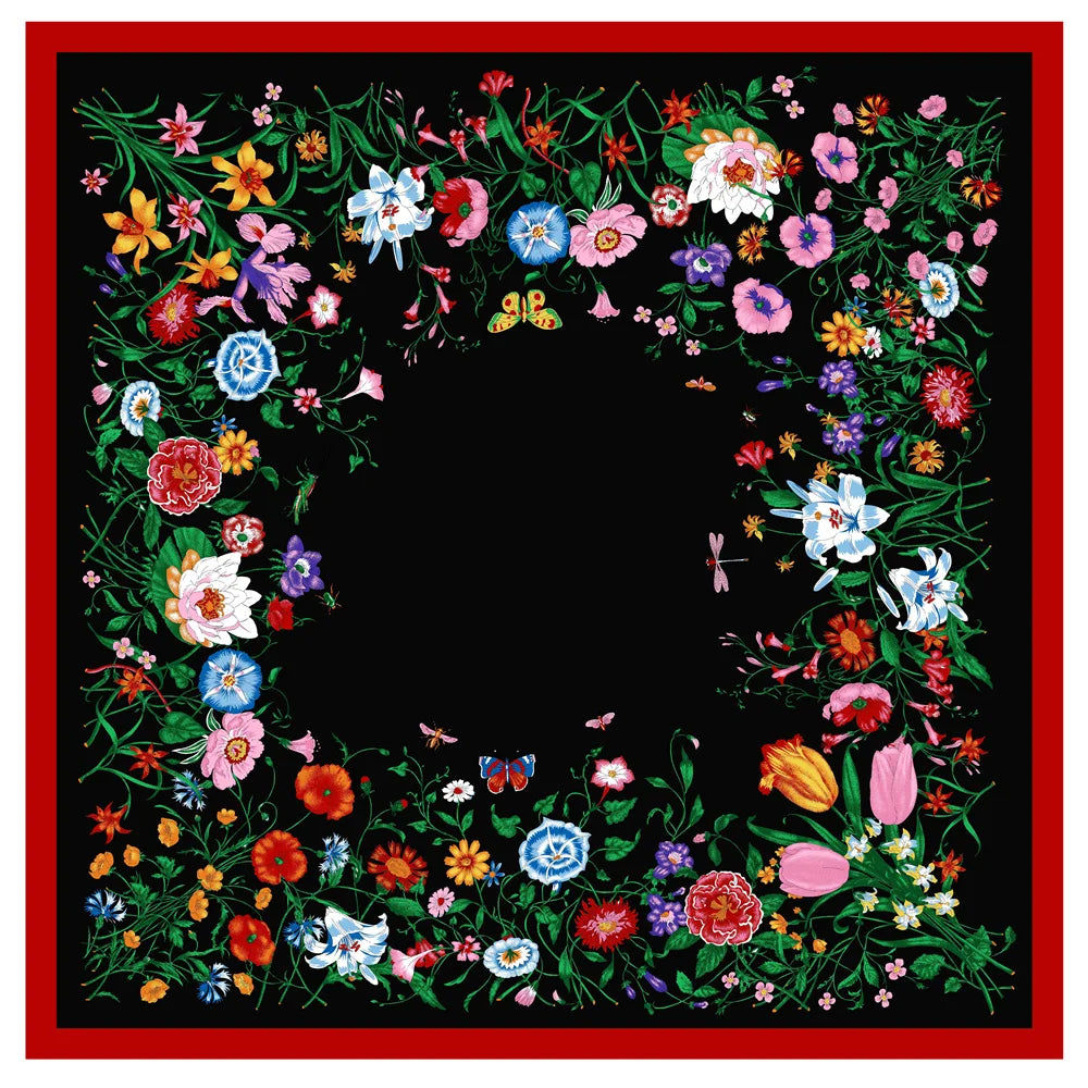 Flowers Black Silk Scarf / 130cm