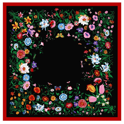 Flowers Black Silk Scarf / 130cm
