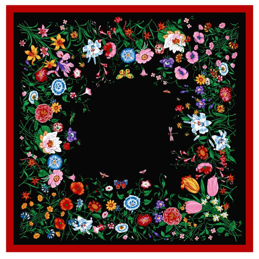Flowers Black Silk Scarf / 130cm