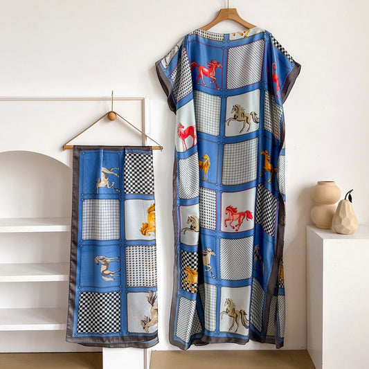 Blue Licinia Kaftan Dress & Scarf Set