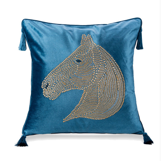 Beaded Horse Head Velvet Pillow Cover with Tassels / Blue