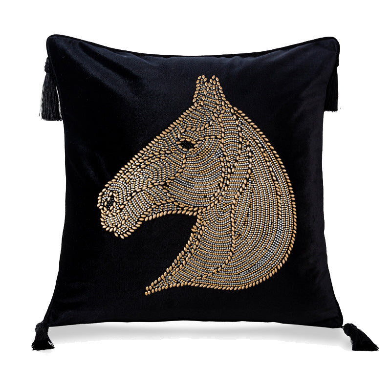 Beaded Horse Head Velvet Pillow Cover with Tassels / Black