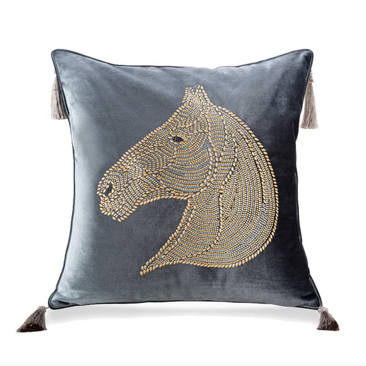 Beaded Horse Head Velvet Pillow Cover with Tassels / Gray
