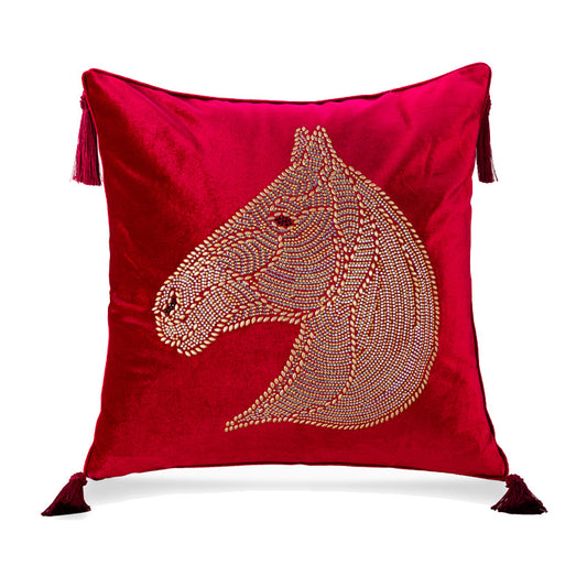 Beaded Horse Head Velvet Pillow Cover with Tassels / Red
