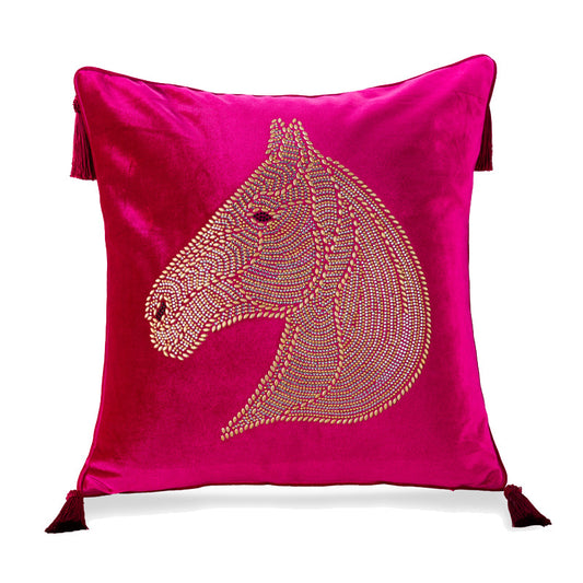 Beaded Horse Head Velvet Pillow Cover with Tassels / Fuchsia