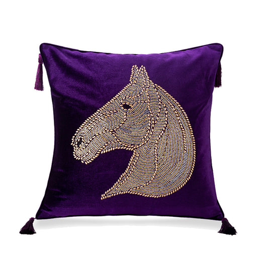 Beaded Horse Head Velvet Pillow Cover with Tassels / Dark Purple