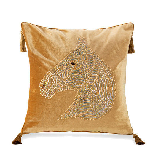 Beaded Horse Head Velvet Pillow Cover with Tassels / Golden