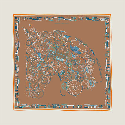Horse Head Orange & Coffee Double Print Scarf / 90cm