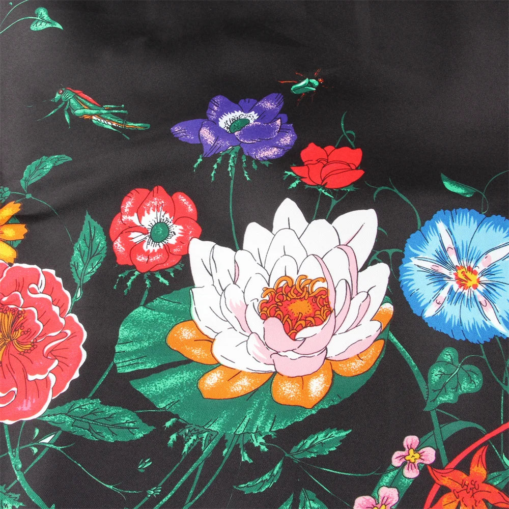 Flowers Black Silk Scarf / 130cm