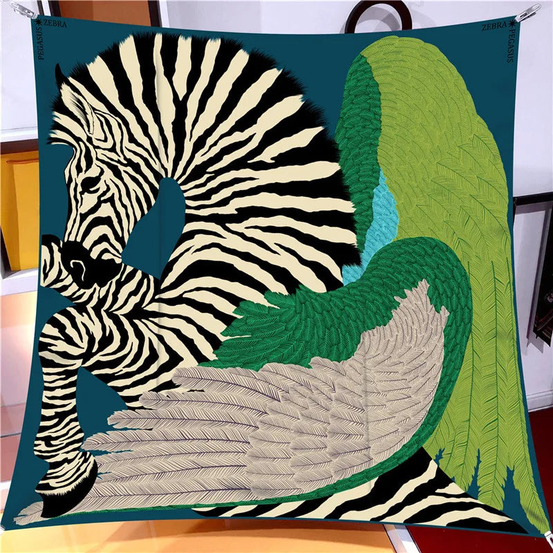 Zebra Wings Dark Green Silk Scarf / 90cm