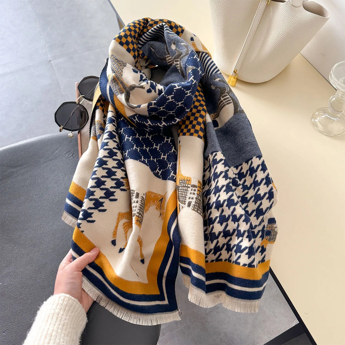 Tirena Pashmina Scarf Yellow & Navy