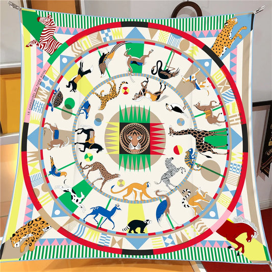 Animals Circle White Silk Scarf / 90cm