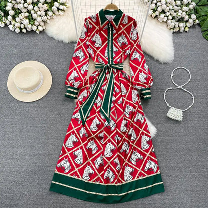 Red Equestrian Print Dress