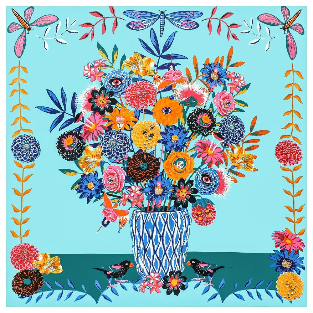 Bouquet Turquoise Silk Scarf / 130cm