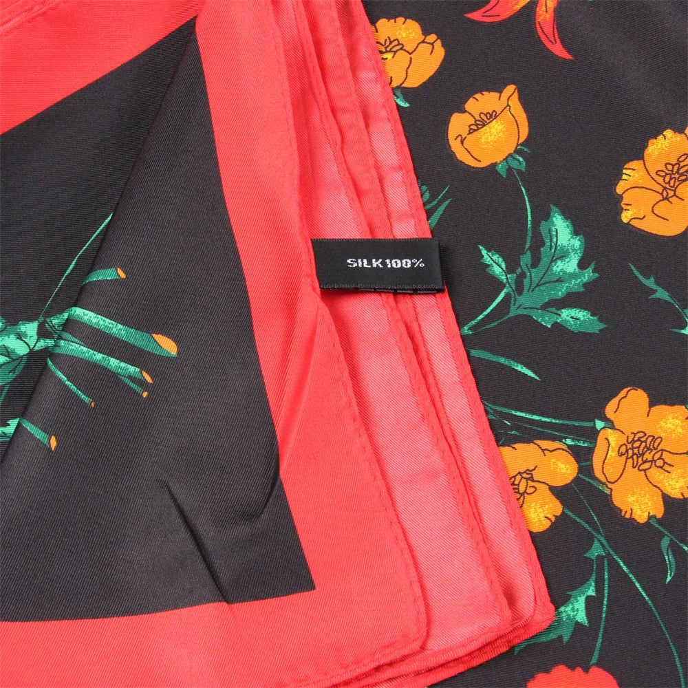 Flowers Black Silk Scarf / 130cm