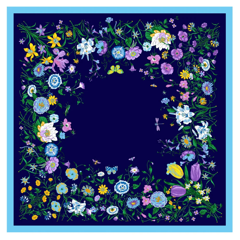 Flowers Navy Silk Scarf / 130cm