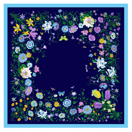Flowers Navy Silk Scarf / 130cm