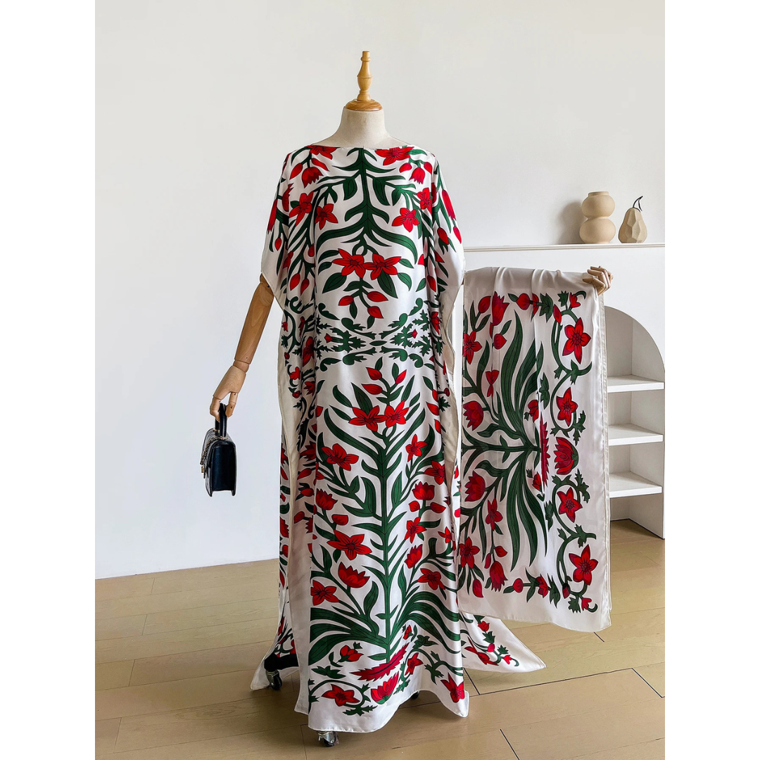 White Ombretta Kaftan Dress & Scarf Set