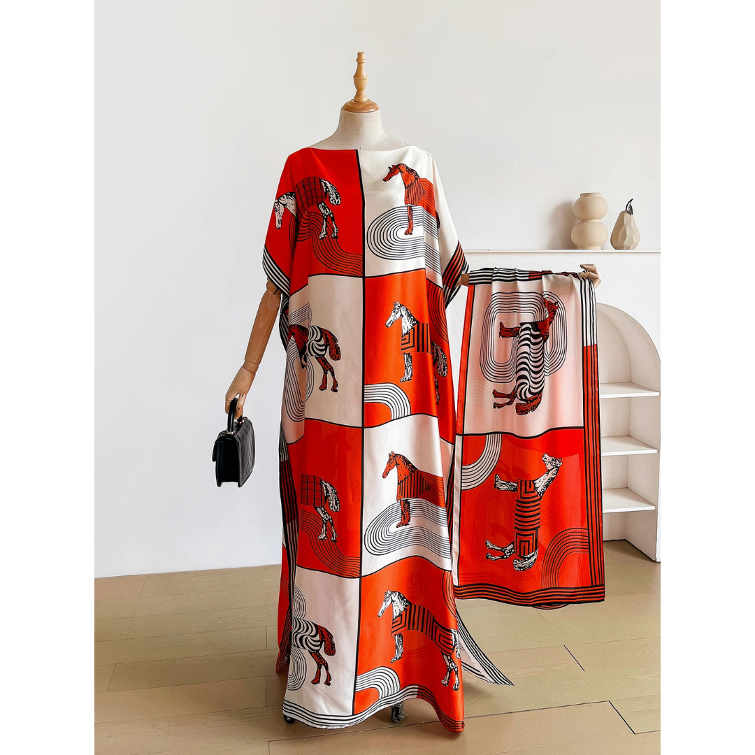 Orange Red Blancha Kaftan Dress & Scarf Set